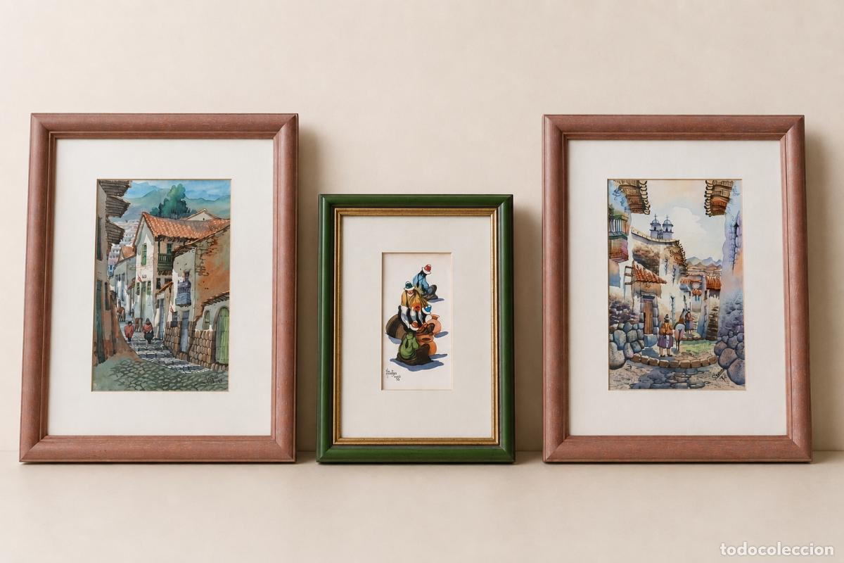 Arte: 3 acurelas (aquarelles) - Edilberto Hinojosa - Escuela Cusque&ntilde;a