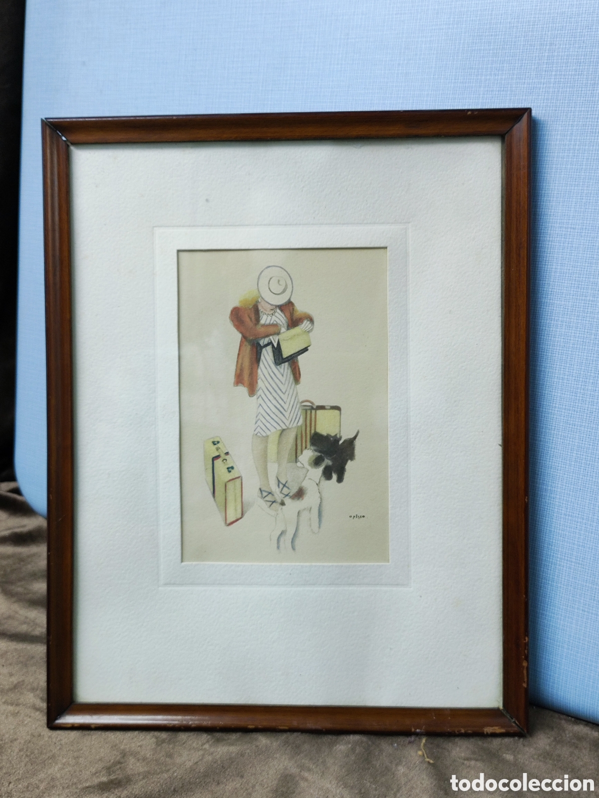 Arte: OPISSO, ACUARELA, MUJER CON MALETAS Y PERROS