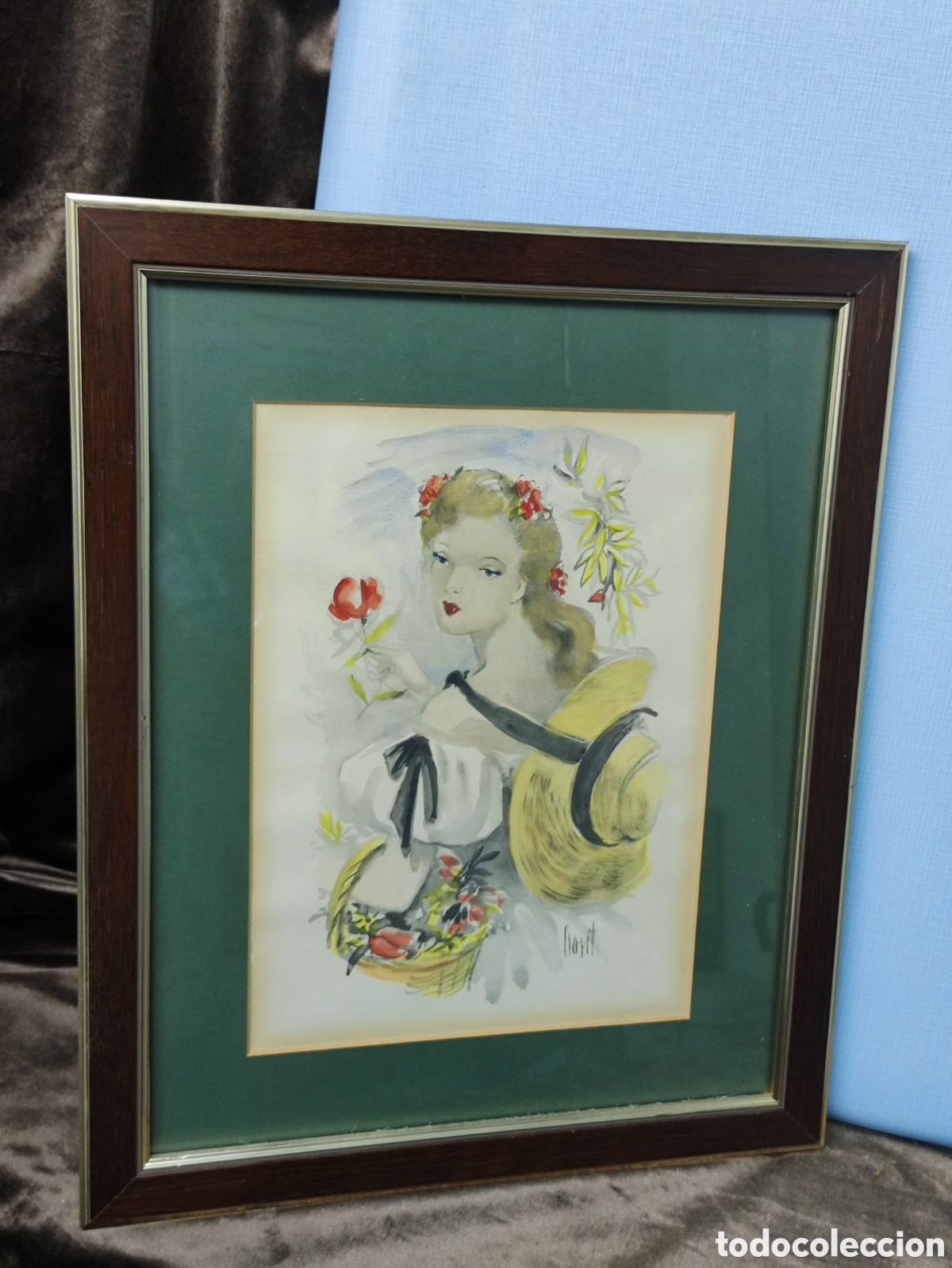 Arte: FLORIT, Jos&eacute; Luis, Acuarela de mujer joven con flores