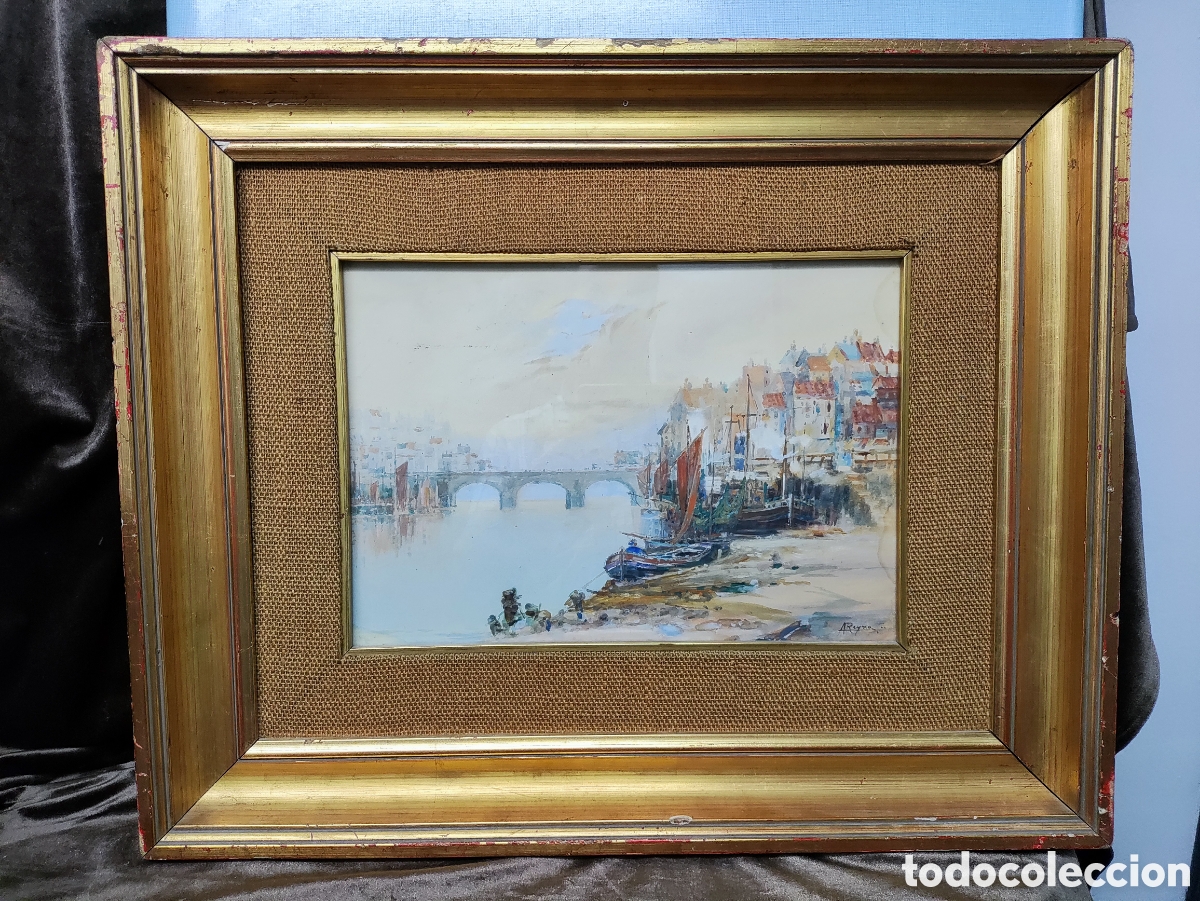 Arte: MALAGA, CO&Iacute;N; REYNA MANESCAU, Antonio Mar&iacute;a, Vista fluvial con barcas, casas y puente