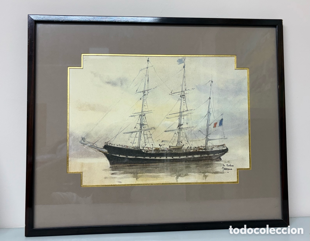 Arte: Yves de Mare (1924-1988) - Escuela francesa S.XX - Bateau Belem - Acuarela marina