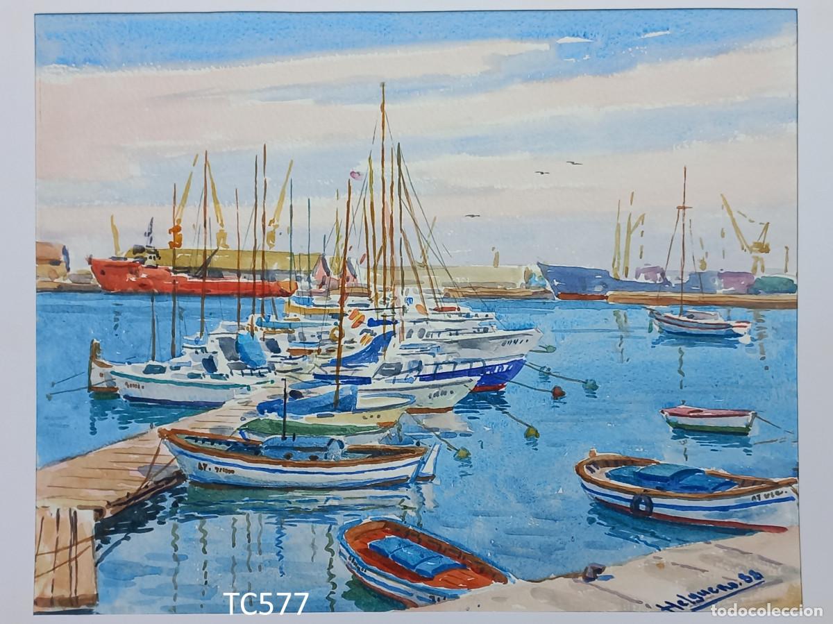 Arte: Alicante - paisaje con barcas - acuarela