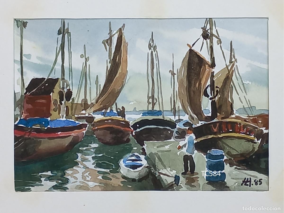 Arte: Paisaje con barcas - acuarela