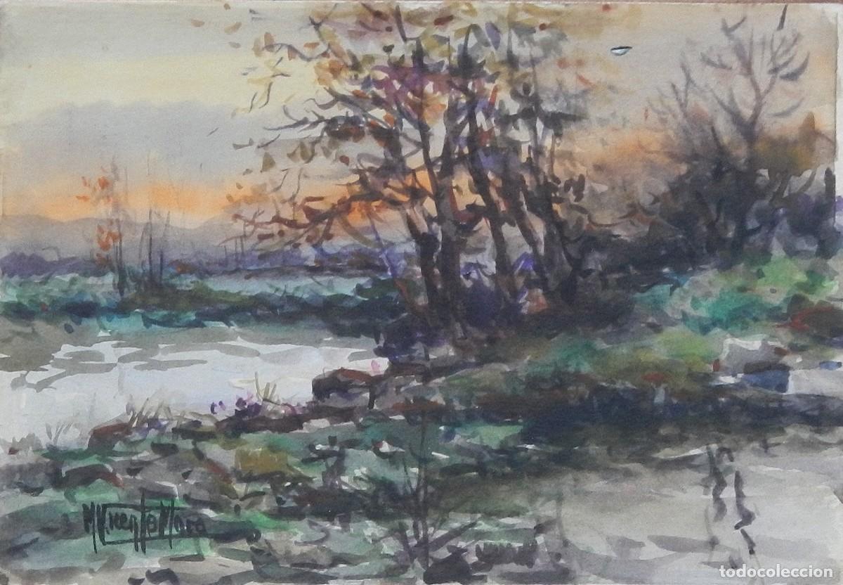 Arte: Manuel Vicente Mora. Acuarela sobre papel. &rdquo;Puesta de sol. Asturias&rdquo;. Firmada a mano. 17x25 cm.