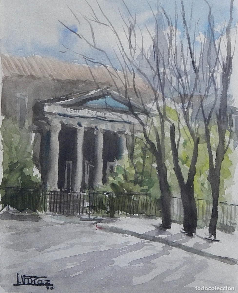 Arte: Manuel Vicente Mora. Acuarela sobre papel. &rdquo;Real Academia. Madrid&rdquo;. Firmado J. V. D&iacute;az. 25x20 cm.