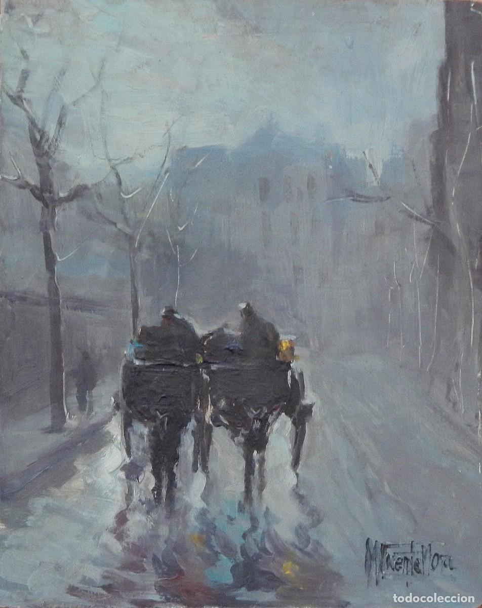 Arte: Manuel Vicente Mora. &Oacute;leo sobre tabla. &rdquo;Niebla y carruaje&rdquo;. Firmado a mano. 27x22 cm.