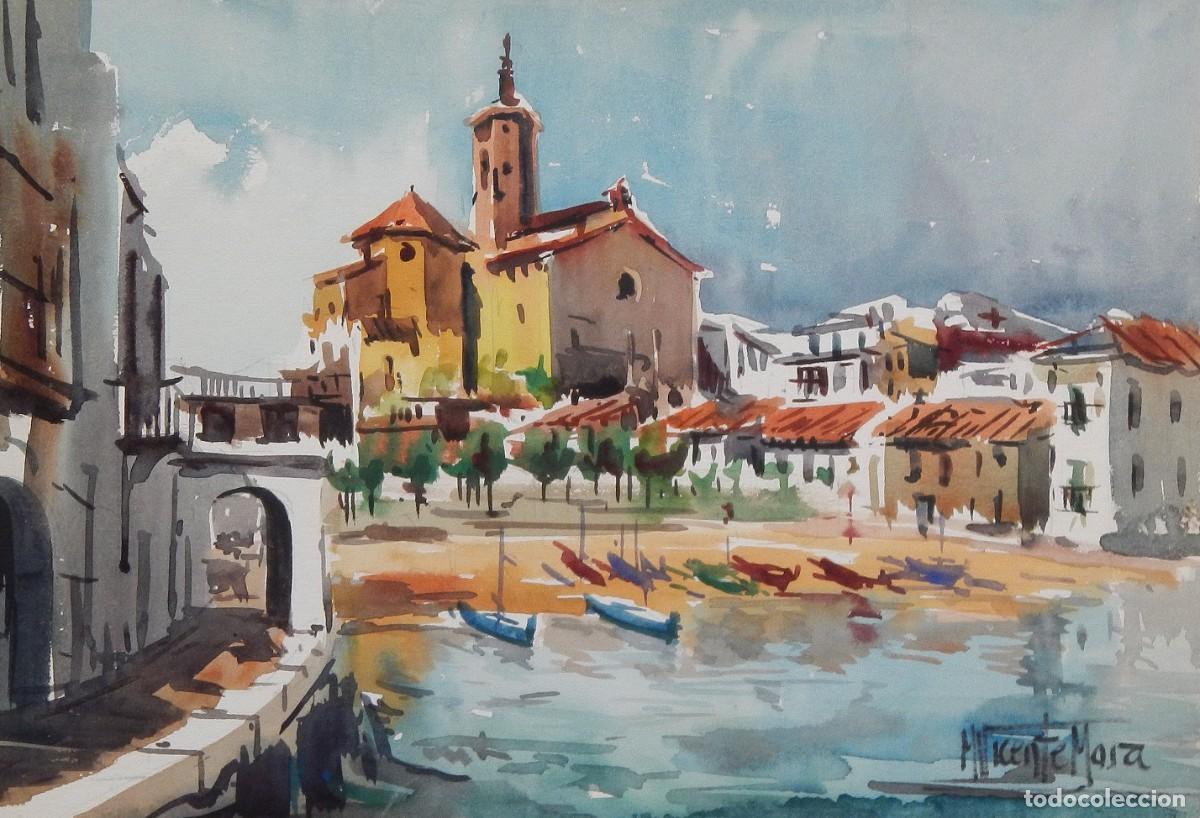 Arte: Manuel Vicente Mora. Acuarela sobre papel. &rdquo;Cadaqu&eacute;s. Costa Brava&rdquo;. Firmado a mano. 24x35 cm.