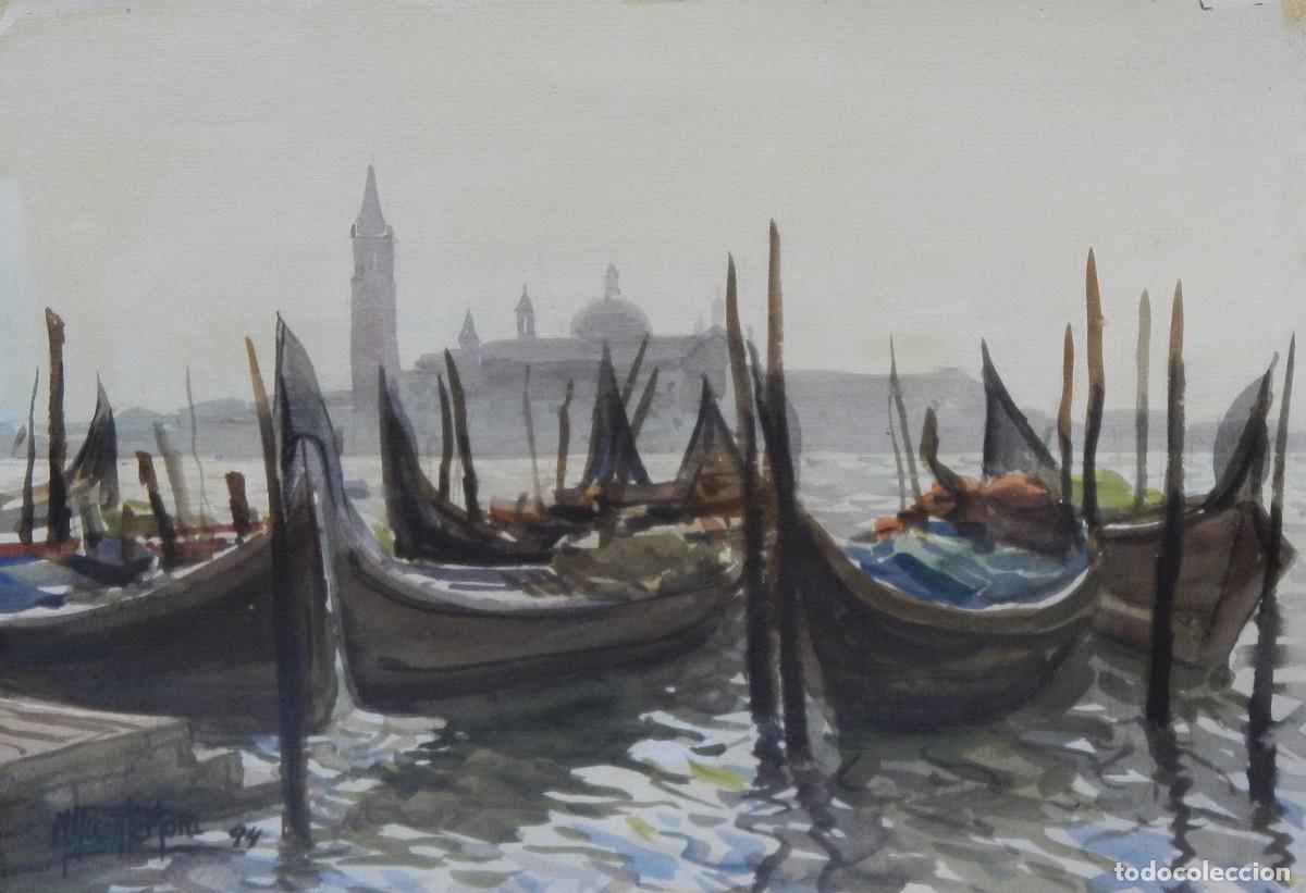 Arte: Manuel Vicente Mora. Acuarela sobre papel. &rdquo;Venecia. Italia. G&oacute;ndolas&rdquo;. Firmado a mano. 25x36 cm.