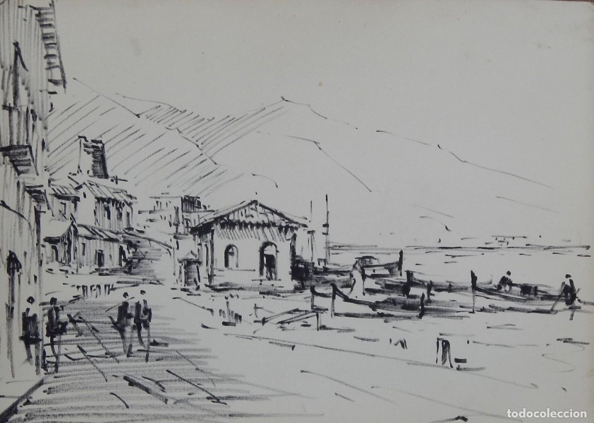 Arte: Manuel Vicente Mora. Tinta sobre papel. &rdquo;Pueblo costero. Granada.&rdquo; Sin firmar. 32x24 cm.
