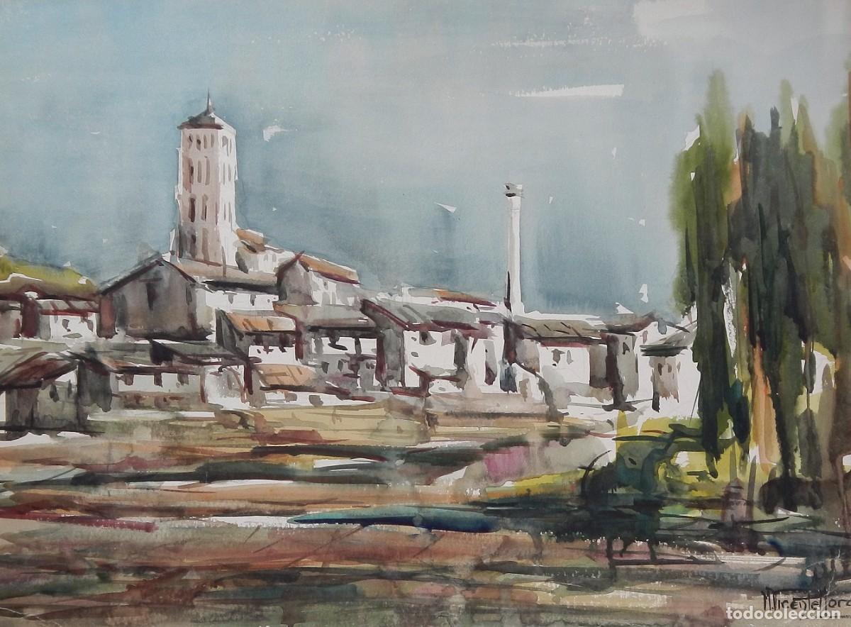 Arte: Manuel Vicente Mora. Acuarela sobre papel. &rdquo;Pueblo&rdquo;. Firmado a mano. 42x56 cm.