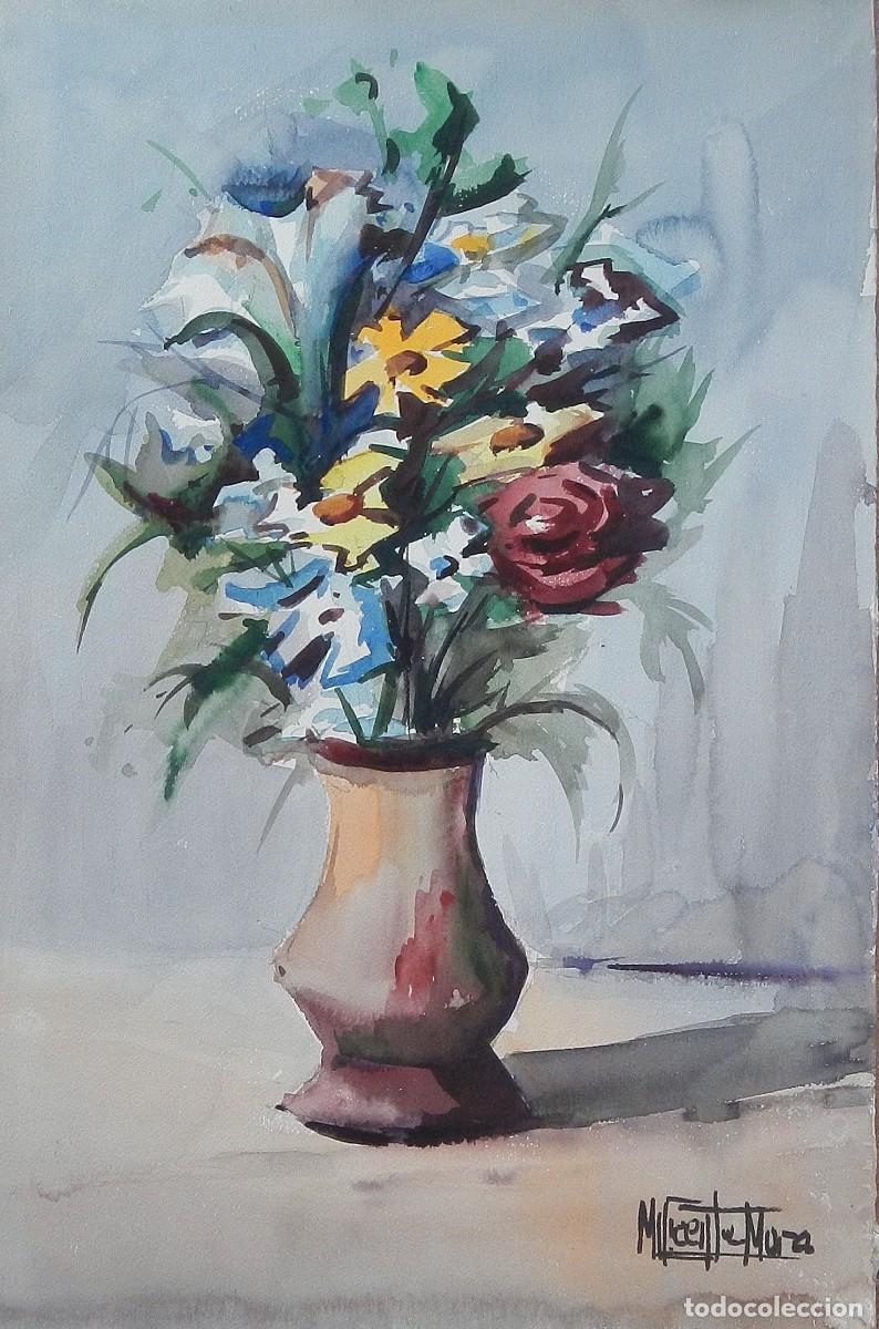 Arte: Manuel Vicente Mora. Acuarela sobre papel. &rdquo;Jarr&oacute;n con flores&rdquo;. Firmado a mano. 50x32 cm.