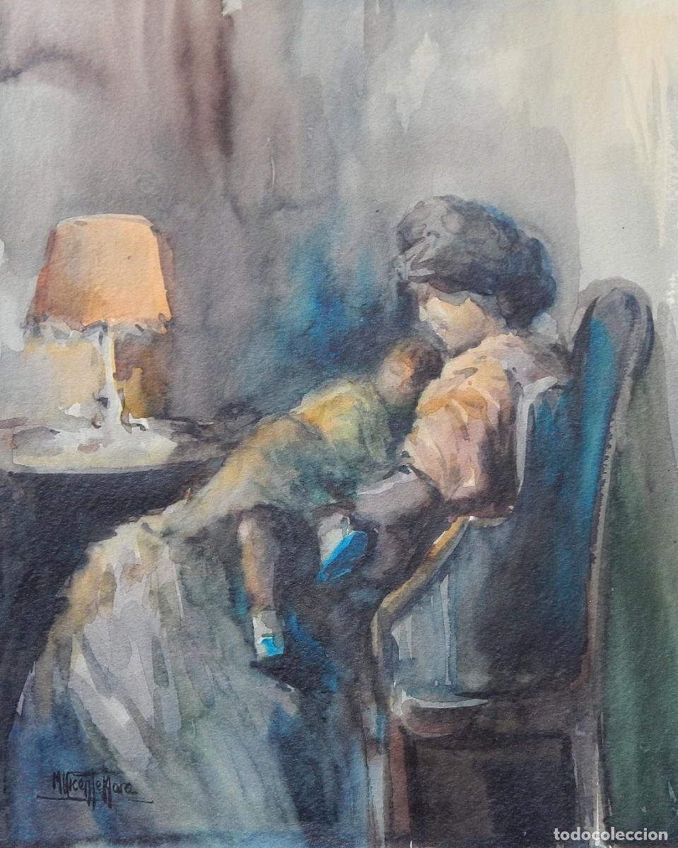 Arte: Manuel Vicente Mora. Acuarela sobre papel. &rdquo;Madre e hija en regazo&rdquo;. Firmado a mano. 46x37 cm.
