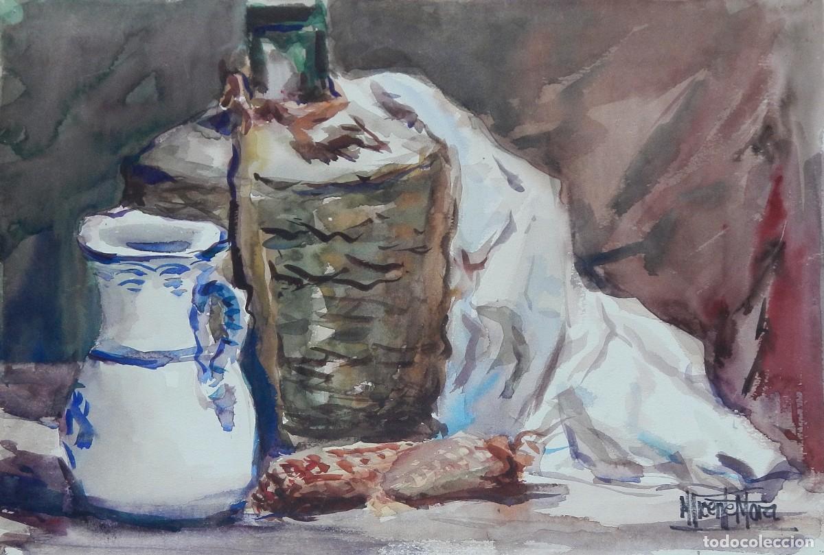 Arte: Manuel Vicente Mora. Acuarela sobre papel. &rdquo;Jarra y garrafa de vino&rdquo;. Firmado a mano. 35x50 cm.