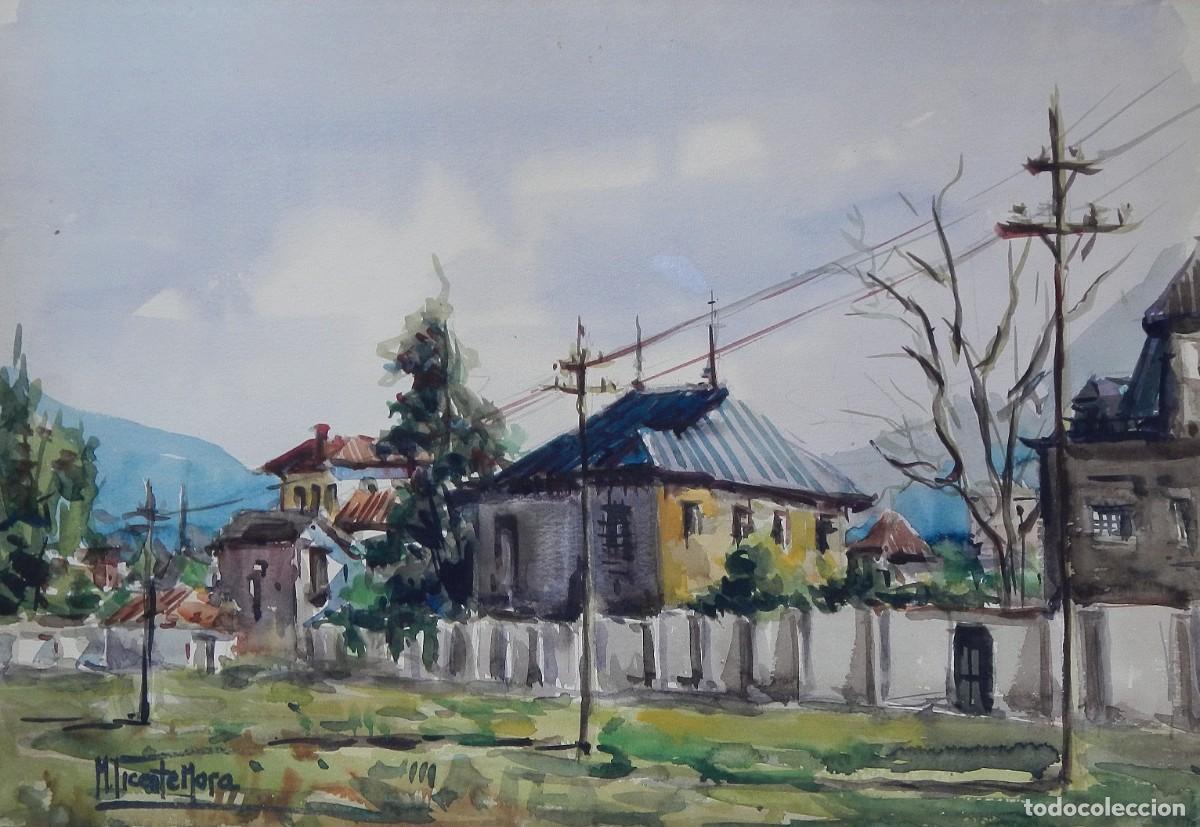 Arte: Manuel Vicente Mora. Acuarela sobre papel. &rdquo;Casas de pueblo&rdquo;. Firmado a mano. 35x50 cm.
