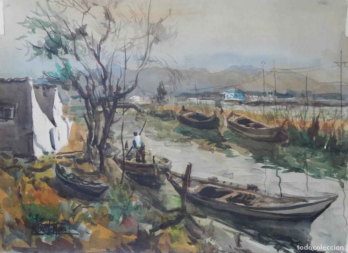 Arte: Manuel Vicente Mora. Acuarela sobre papel. &rdquo;Barcas Albufera. Valencia&rdquo;. Firmado a mano. 41x56 cm.