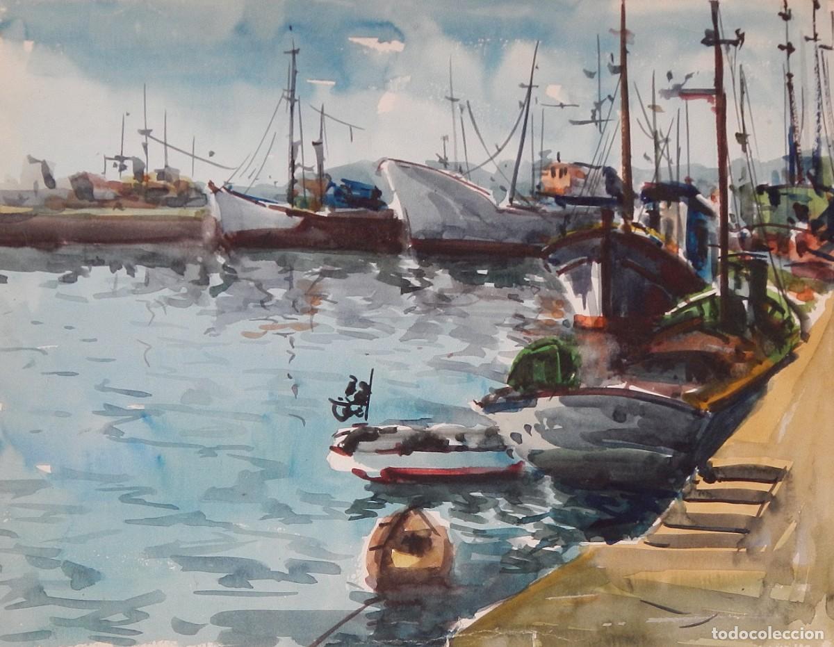 Arte: Manuel Vicente Mora. Acuarela sobre papel. &rdquo;Puerto pesquero. Barcas&rdquo;. Sin firmar. 32x42 cm.