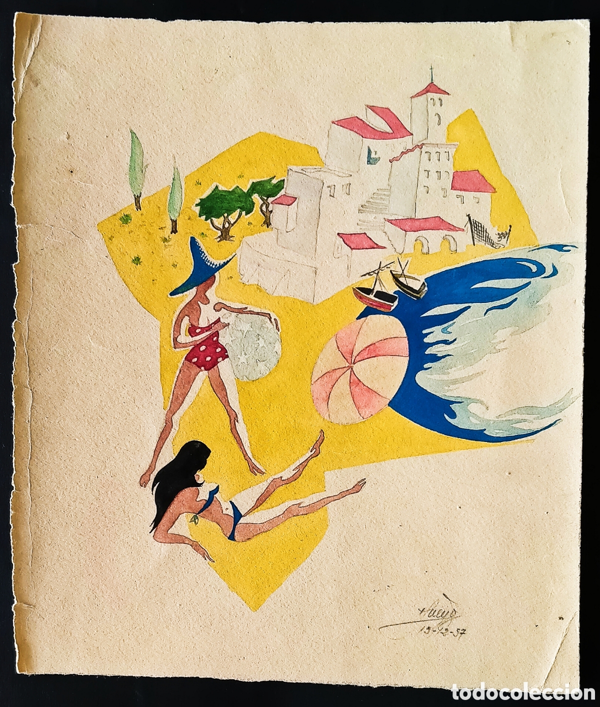 Arte: ACUARELA / (EXPRESIONISMO FIGURATIVO). * BA&Ntilde;ISTAS *. FDO.: HUMBERTO PUEYO (Zaragoza). A&ntilde;o 1957