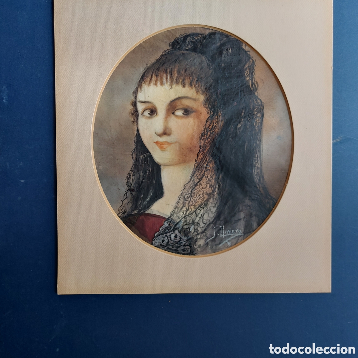 Arte: J.LLOVERA &rdquo;RETRATO JOVEN CON MANTELLINA&rdquo; ACUARELA EPOCA