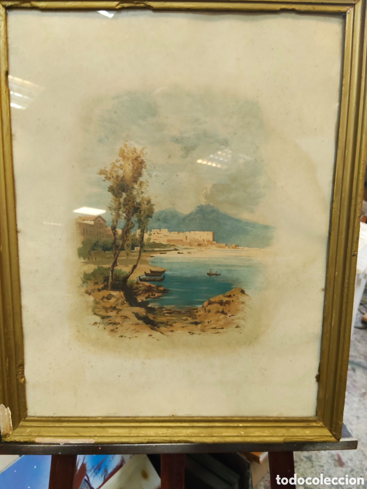 Arte: pintura antigua enmarcada que parece ser una acuarela o estampa coloreada de estilo rom&aacute;ntico,