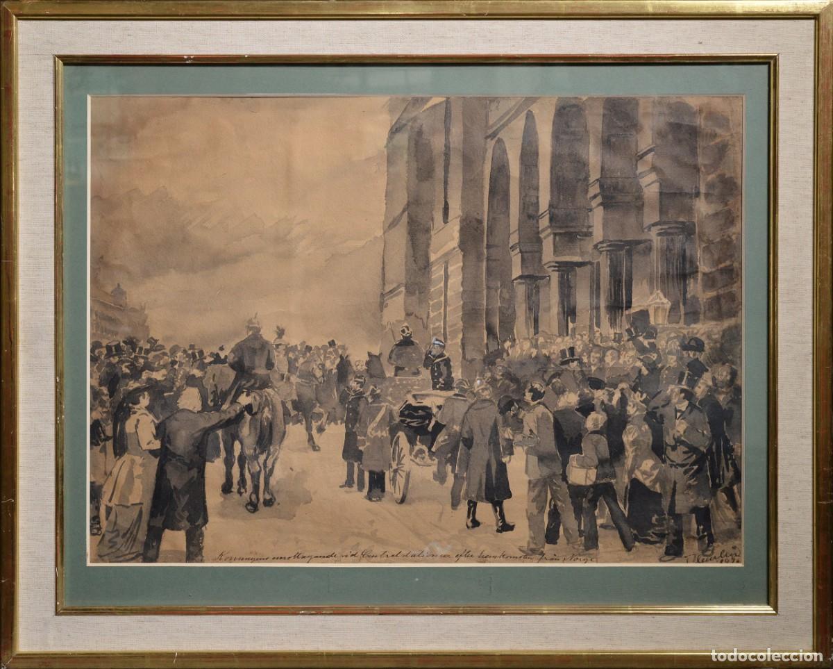 Arte: 19th Century Swedish Monochrome Watercolor King Welcome Scene Signed Frame