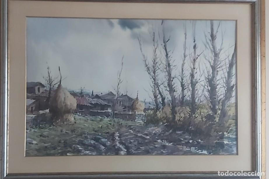 Arte: Magn&iacute;fica Acuarela Original de Eduardo Manch&oacute;n - Paisaje Rural con Pajar y Chopos