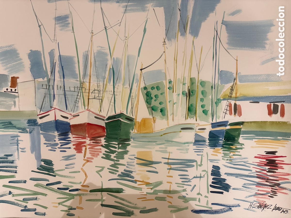 Arte: Acuarela Original Miguel &Aacute;ngel S&aacute;nchez Lareo - Gran Formato 70x100 cm - Barcos en el Puerto Marina