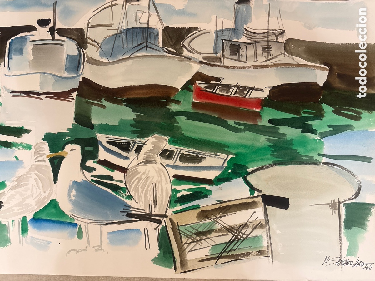 Arte: Acuarela Original Miguel &Aacute;ngel S&aacute;nchez Lareo Marina con Gaviotas y Barcos (2012)