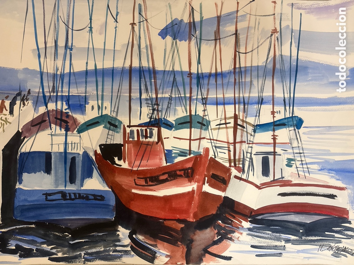 Arte: Acuarela Original Miguel &Aacute;ngel S&aacute;nchez Lareo -Puerto y Pesquero Rojo Marina (2013