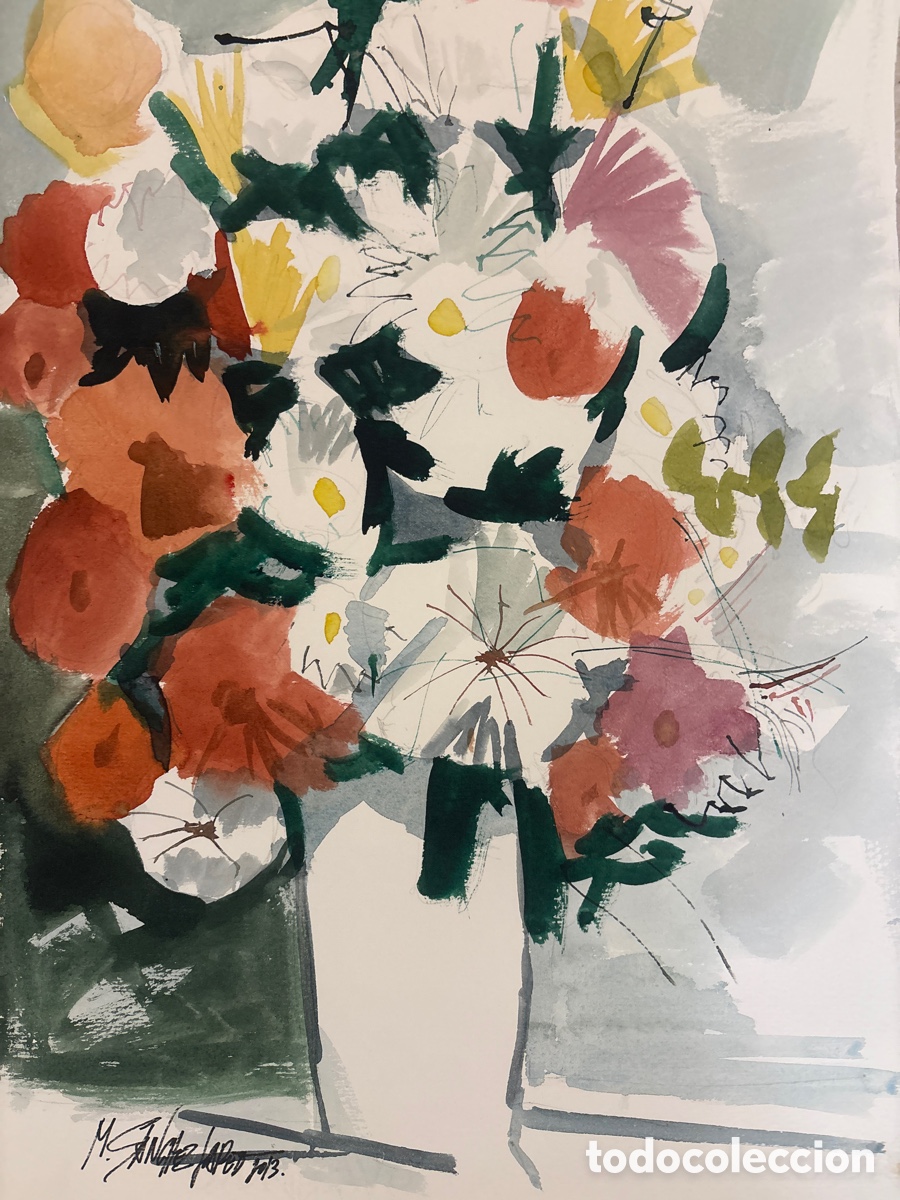 Arte: Acuarela Original Miguel &Aacute;ngel S&aacute;nchez Lareo. Bodeg&oacute;n Jarr&oacute;n con Flores (2013)