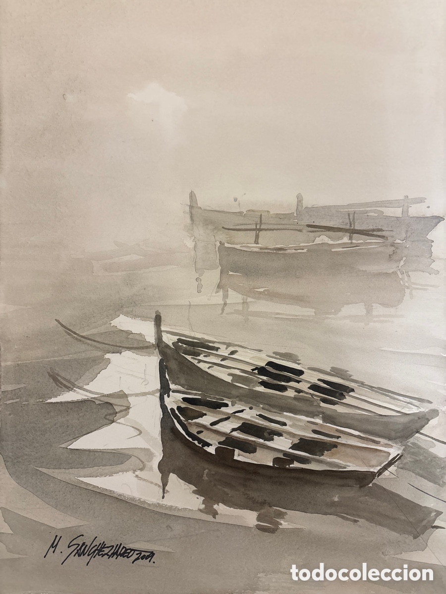 Arte: Acuarela Original Miguel &Aacute;ngel S&aacute;nchez Lareo. Marina Monocroma Barcas (2009)