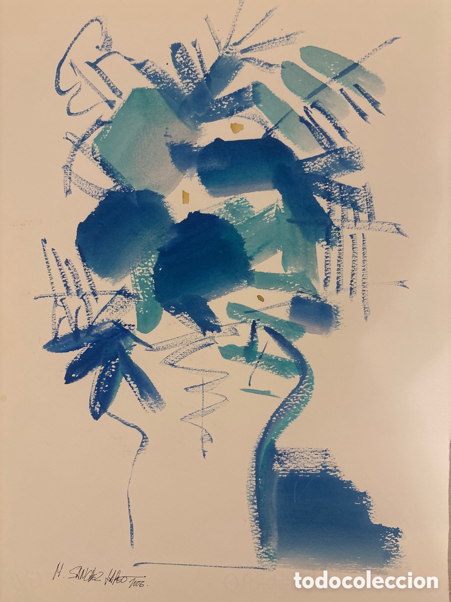 Arte: Acuarela Original Miguel &Aacute;ngel S&aacute;nchez Lareo. Bodeg&oacute;n Floral Azul (2005)