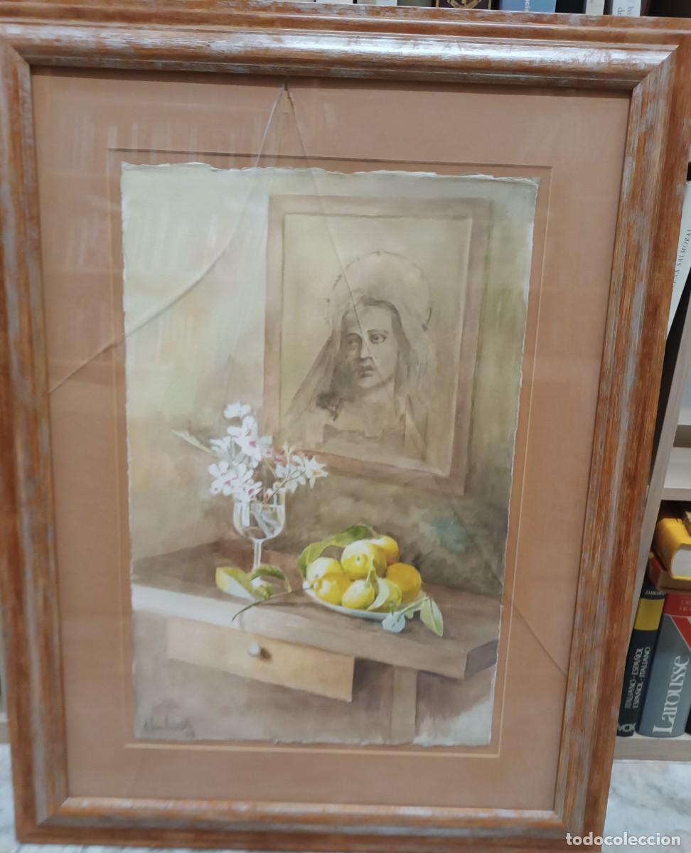 Arte: Acuarela 37x57 cm del pintor murciano Antonio D&iacute;az Bautista. Marco 65x84. Bodeg&oacute;n. Cristal roto