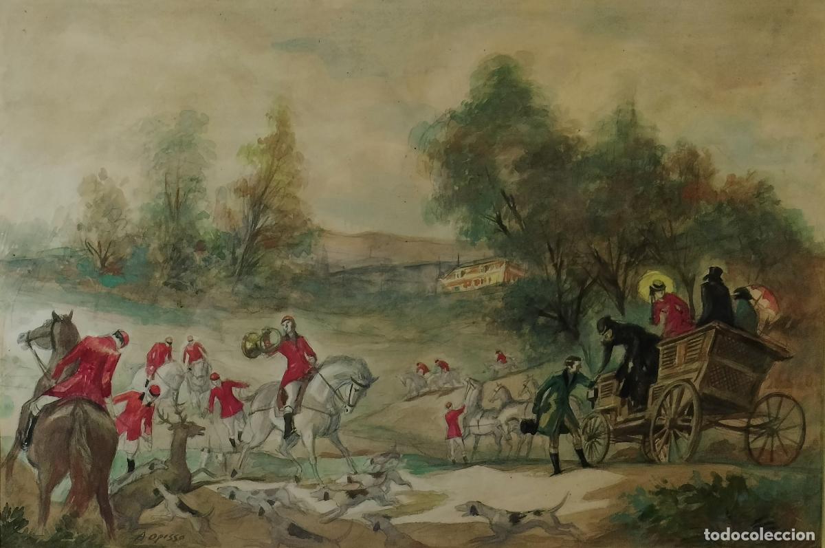 Arte: LA CAZA DEL CIERVO. ALFREDO OPISSO. ACUARELA SOBRE PAPEL. ESPA&Ntilde;A. CIRCA 1890 - 1910.