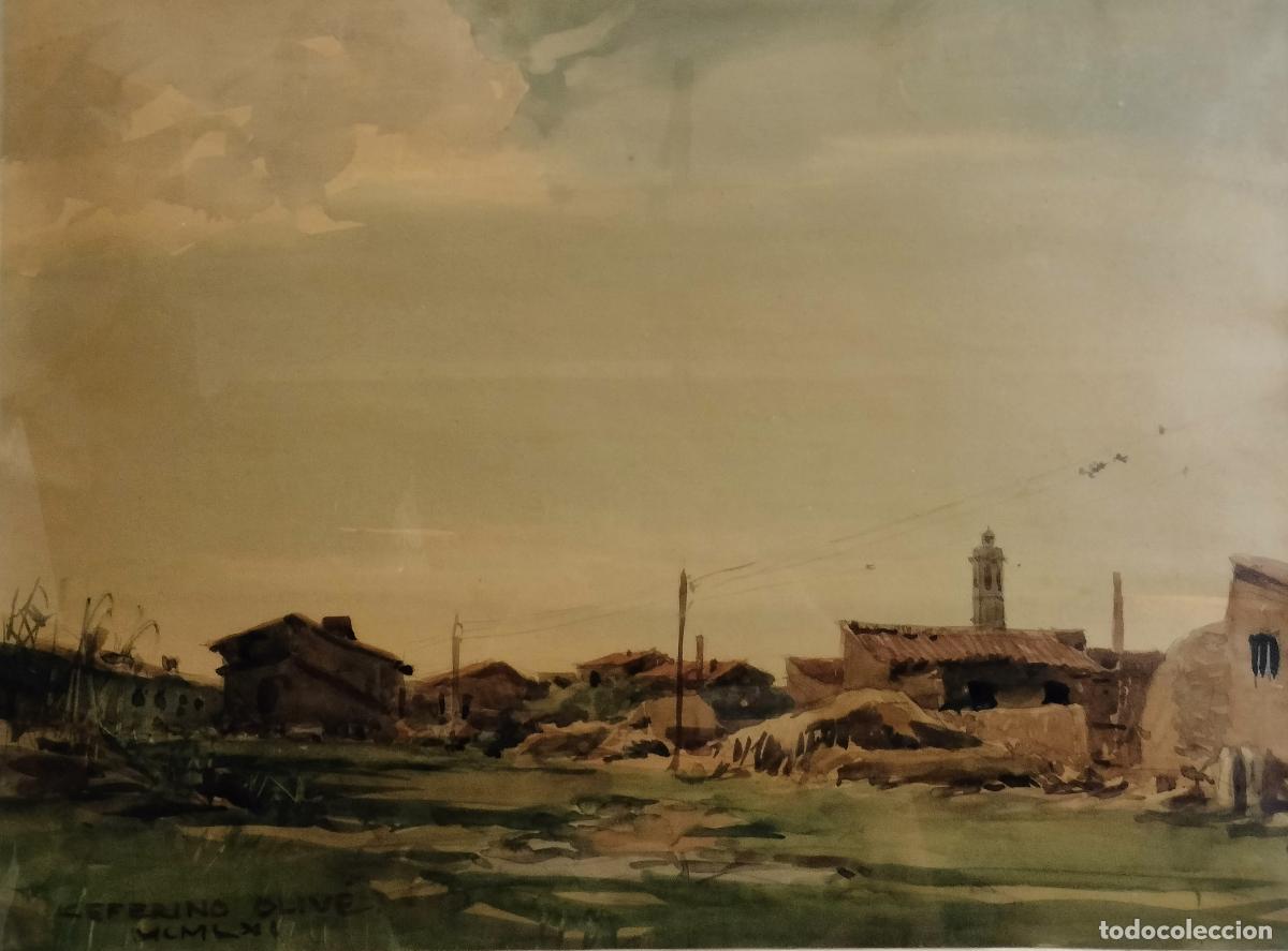 Arte: VISTA DE PUEBLO CON CAMPANARIO. CEFERINO OLIV&Eacute;. ACUARELA SOBRE PAPEL. ESPA&Ntilde;A. 1961.