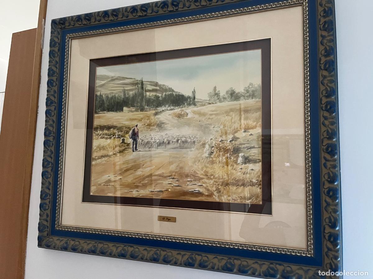 Arte: Gran acuarela original de D.Vega (78x68) - Paisaje rural enmarcado de galer&iacute;a con placa