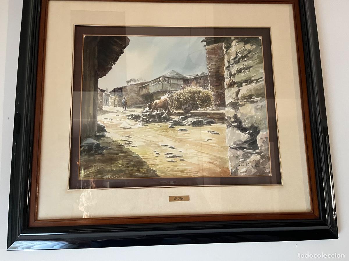 Arte: Gran acuarela original de D.Vega (78x68) - Paisaje rural enmarcado de galer&iacute;a con placa