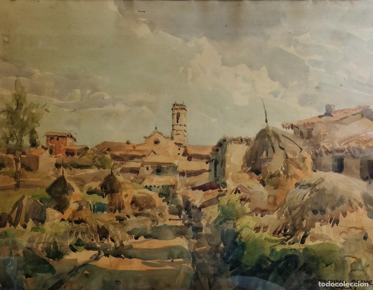 Arte: VISTA DE PUEBLO CON CAMINO Y CAMPANARIO. CEFERINO OLIV&Eacute;. ACUARELA SOBRE PAPEL. ESPA&Ntilde;A. 1961