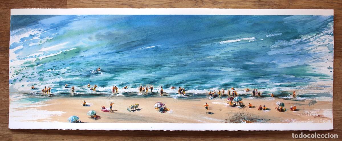 Arte: Acuarela de Olimpia Manj&oacute;n. En la playa, 28 x 76 cms. aprox.