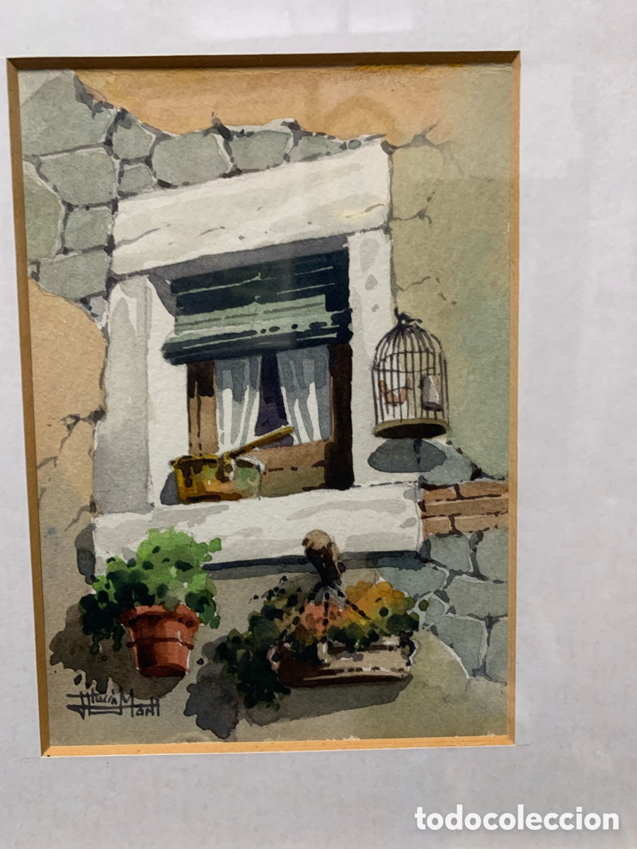 Arte: Josep Maria Mart&iacute; ?, acuarela de balc&oacute;n, 12x17,5 obra y 28x33 con marco