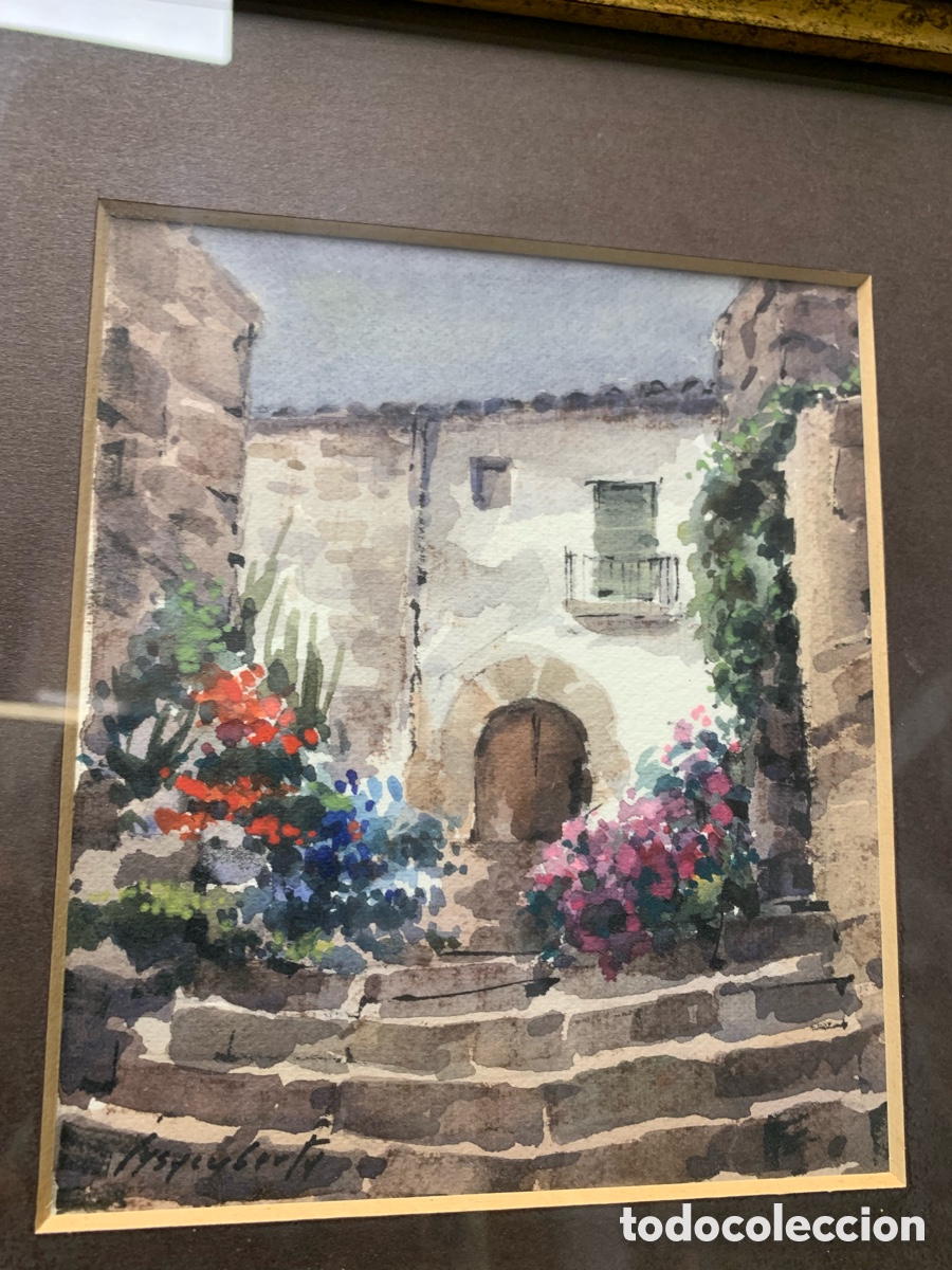 Arte: Jaume Casacuberta Roma 1932-2020, Manresa, casa rural con flores, 12x14 obra y 25x27 con marco