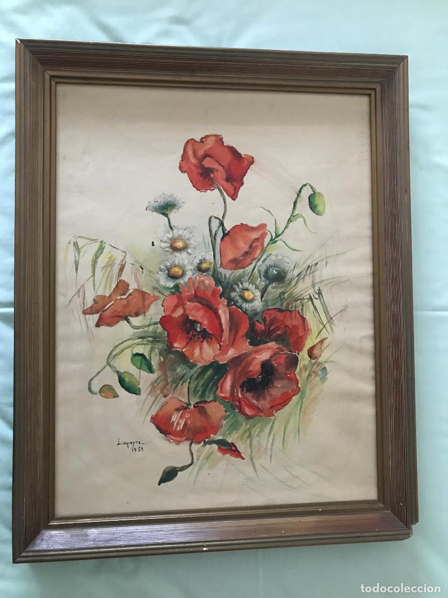 Arte: Cuadro. Acuarela sobre papel. Motivo floral. Firmado Lapeyre, 1959. Carmen Lapeyre?
