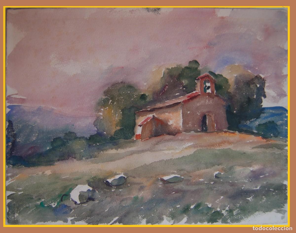 Arte: Acuarela s. XX. Paisaje con ermita. 33 cm x 42 cm,