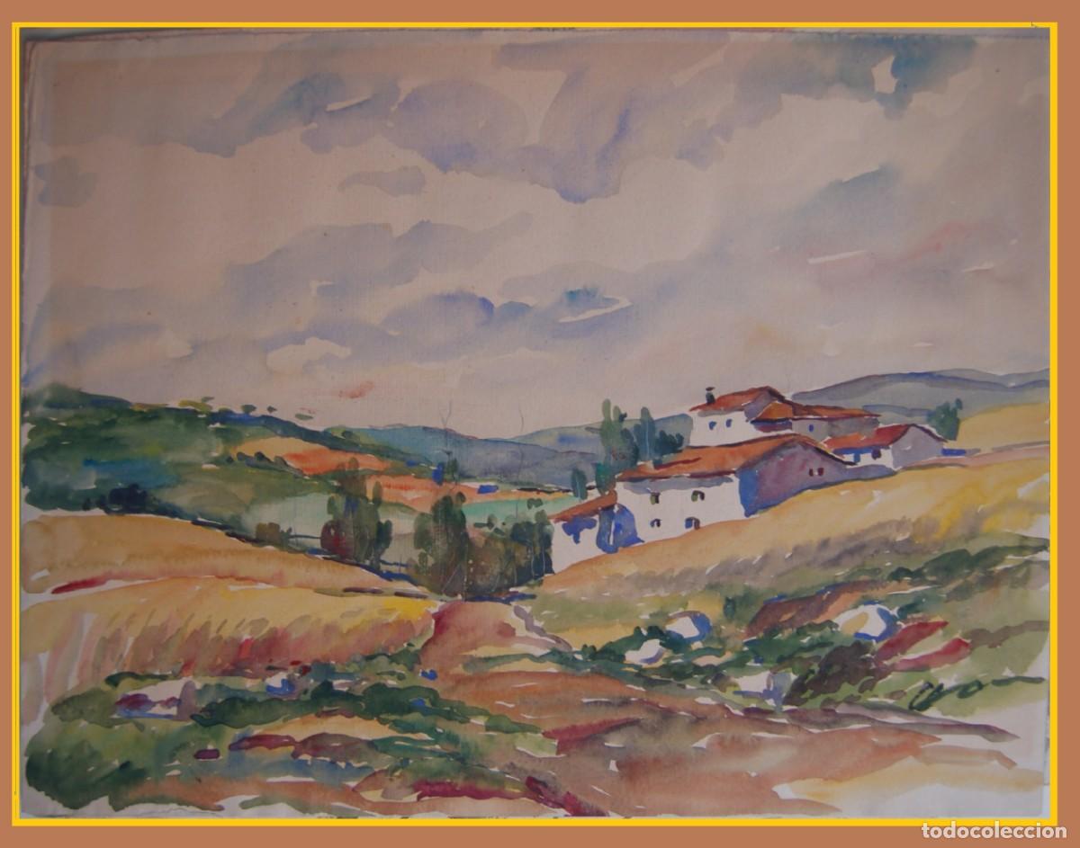 Arte: Acuarela s. XX. PAisaje con casas de campo. 33 cm x 42 cm.