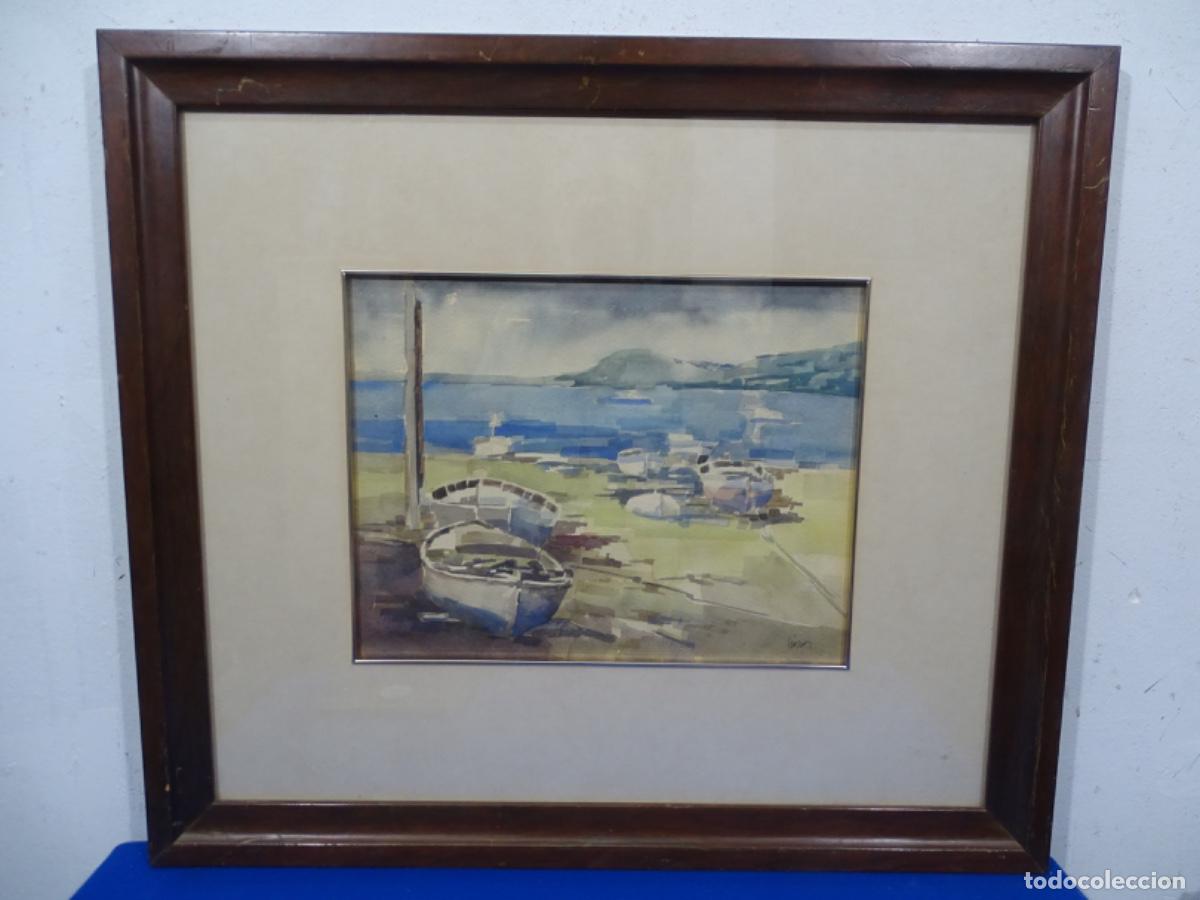 Arte: ACUARELA FIRMA ILEGIBLE. PAISAJE PLAYA CON BARCOS. ESTILO PERSONAL.