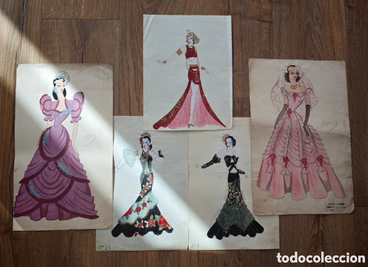 Arte: Moda. Vestidos. Dibujos. Originales. Vestuarios. Artistas. A&ntilde;os 30. Firmados. Luis Ares. Madrid.