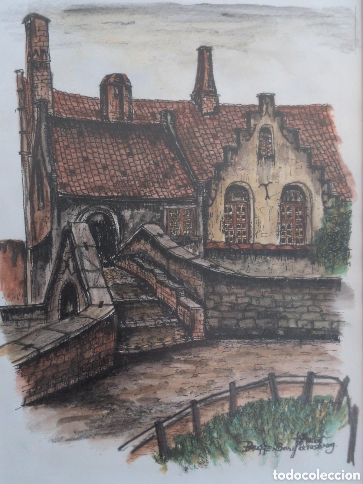 Kunst: Acuarela enmarcada firmado por autor del puente Bonifacius de Brujas. B&eacute;lgica.