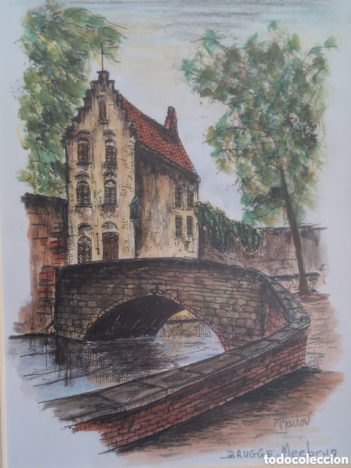 Kunst: Acuarela enmarcada firmado por autor del puente Meebrug de Brujas. B&eacute;lgica.