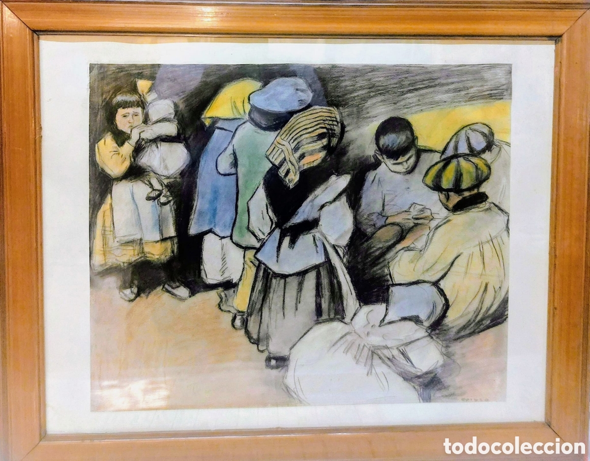 Arte: OPISSO RICART PASTEL Y CARBON PERFECTO 38 X46 MAS MARCO FIRMADO DELANTE Y ATRAS NI&Ntilde;OS JUGANDO
