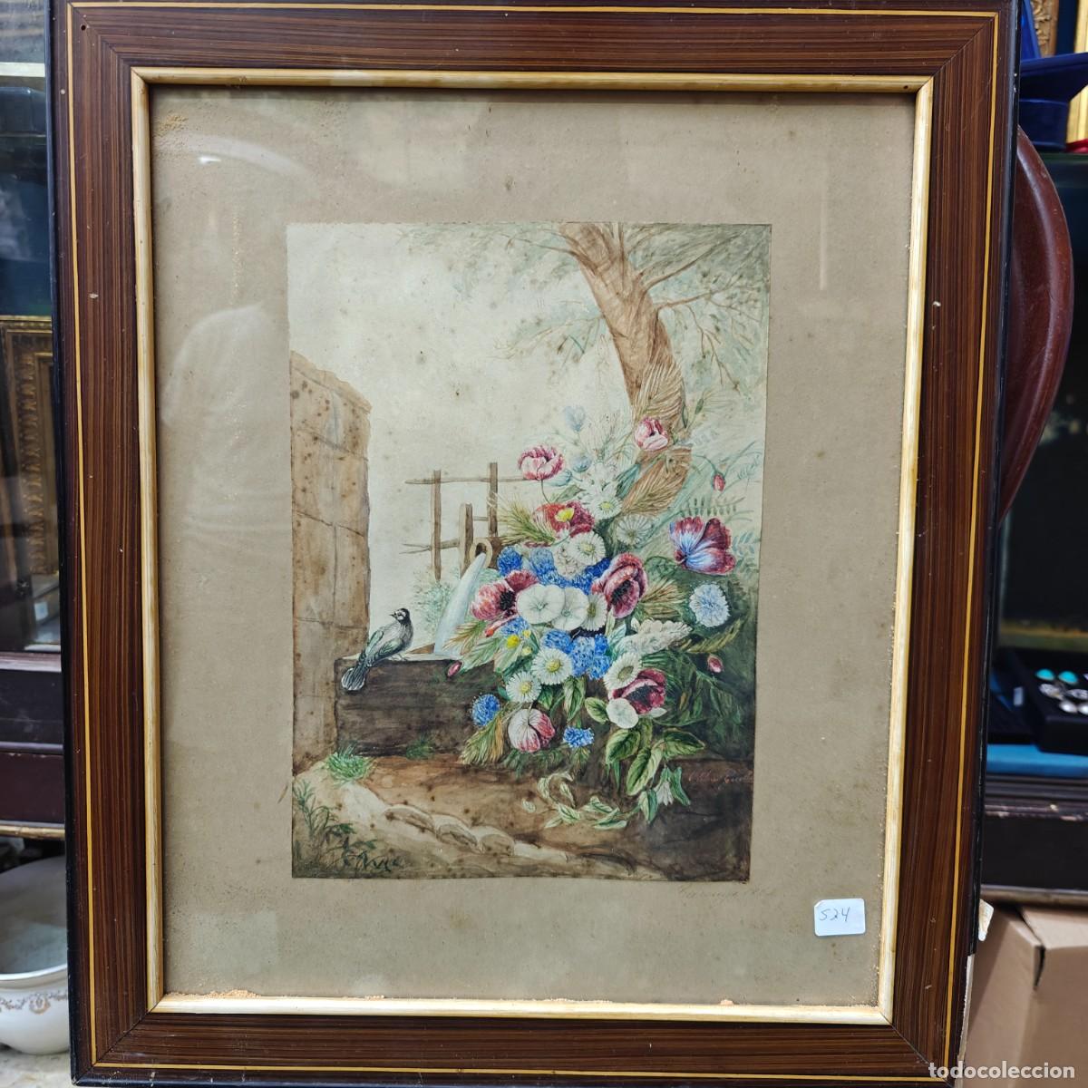 Arte: Magn&iacute;fica Acuarela Antigua Siglo XIX (1864) - Bodeg&oacute;n Floral con P&aacute;jaro en Fuente