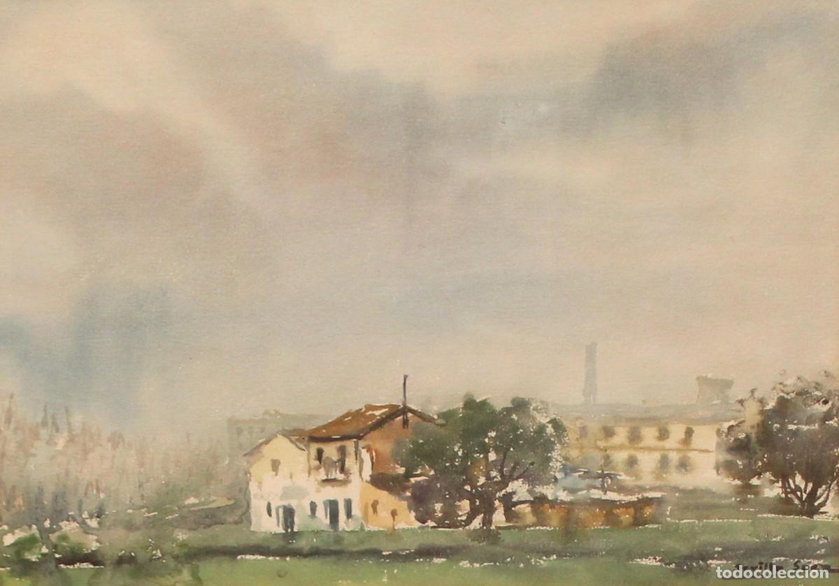 Arte: JUAN SEVILLA SAEZ (1922 - 2018) ACUARELA SOBRE PAPEL. PAISAJE SOBRE EL CIELO GRIS